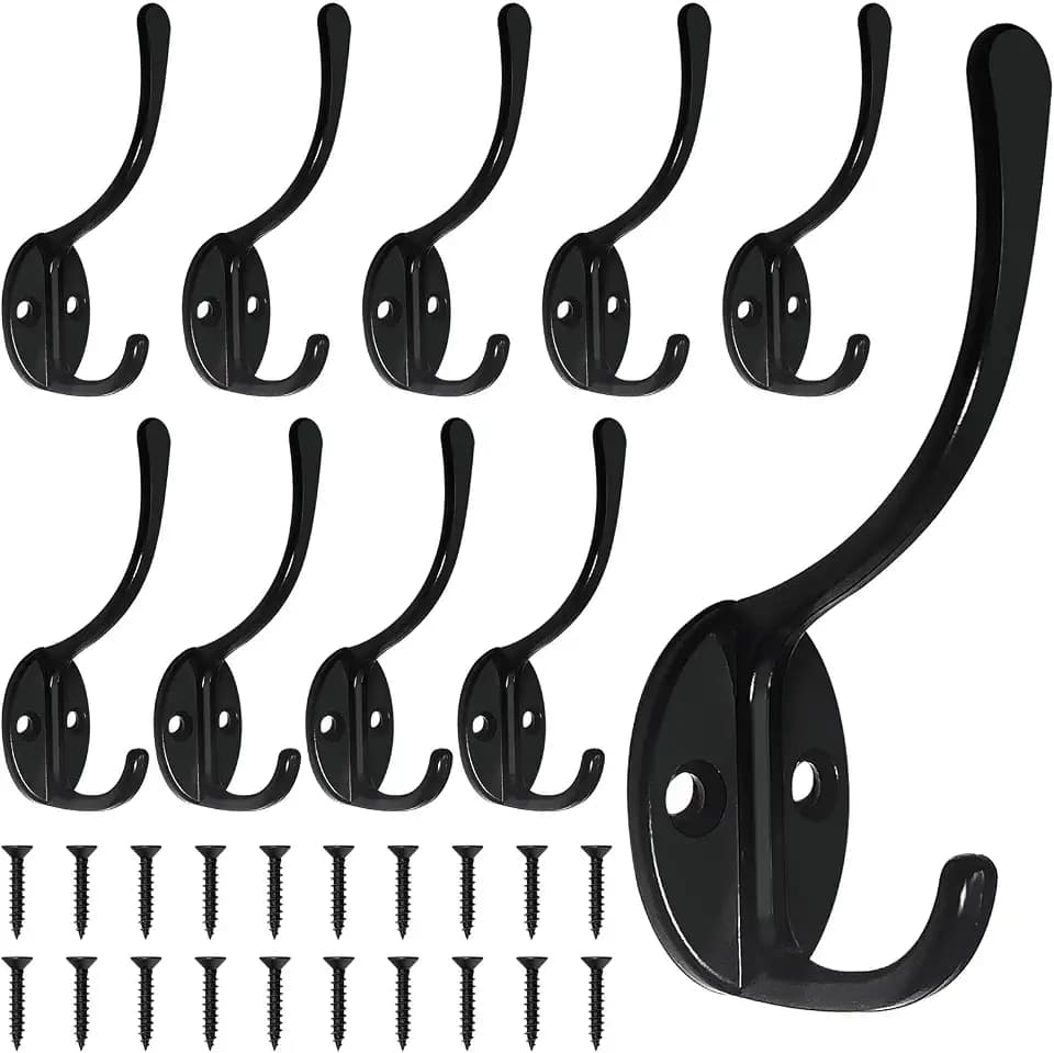 Homanu 10 Pack Black Coat Hooks Wall Mounted Double Hooks with 20 Screws