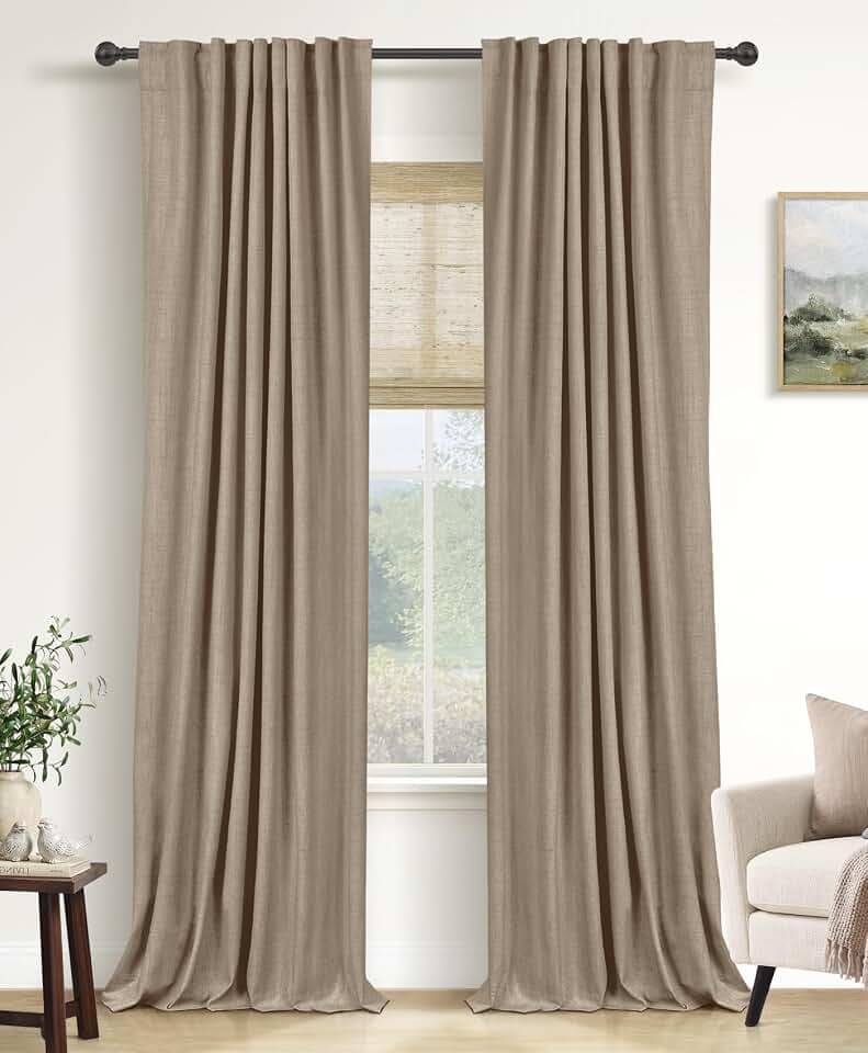 Faux Linen Total Blackout Curtains for Bedroom 90 Inch Long Copper Brown