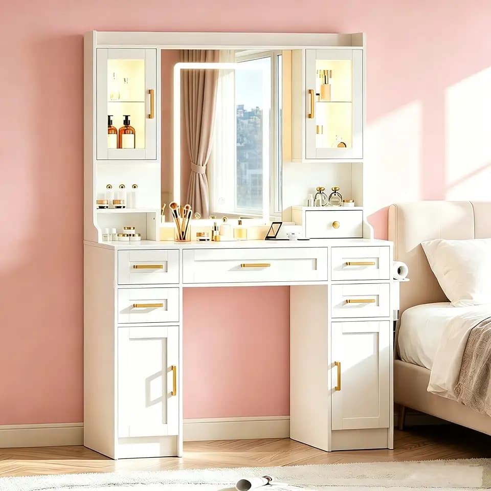 White Makeup Vanity Table with LED Lighted Mirror