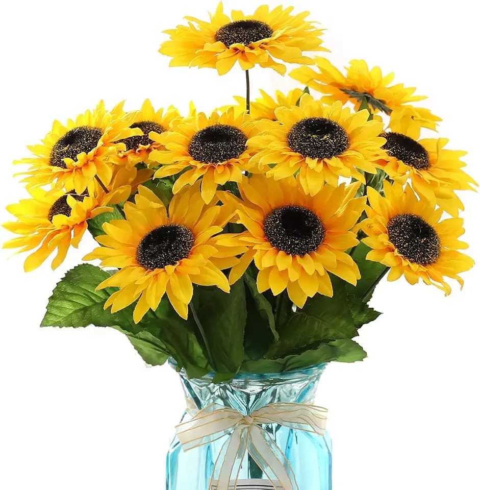 DerBlue 15.74'' Artificial Sunflowers Bouquet with 14 Heads(Two Different Diameter of Flowers) and 40 Leaves Fake Silk Sunflowers Bouquet for Home Office Parties and Wedding Decoration