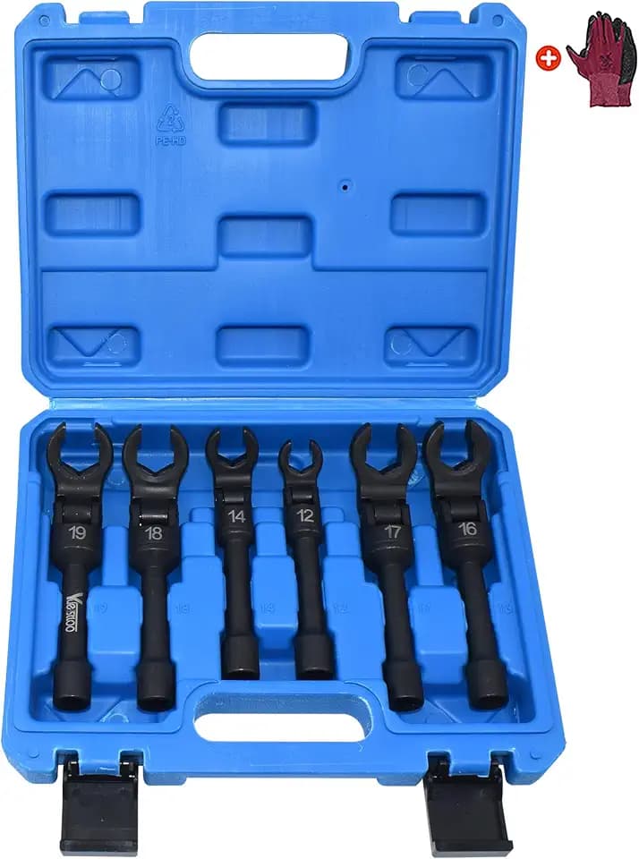 6PCS Long Flex Head Crows Foot Line Wrench Set with 3/8" Drive, Diesel Injector Fuel Line Sockets Wrench Set, Metric Crowfoot Wrenches for 12/14/16/17/18/19mm Nuts with 180° Flexible Head