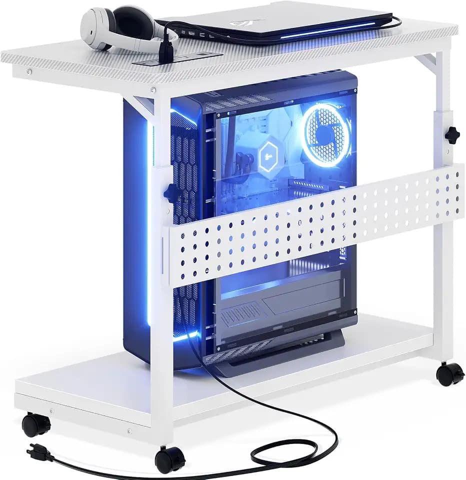 32" Large White Computer Tower Stand with Outlets, PC Tower Stand for Floor