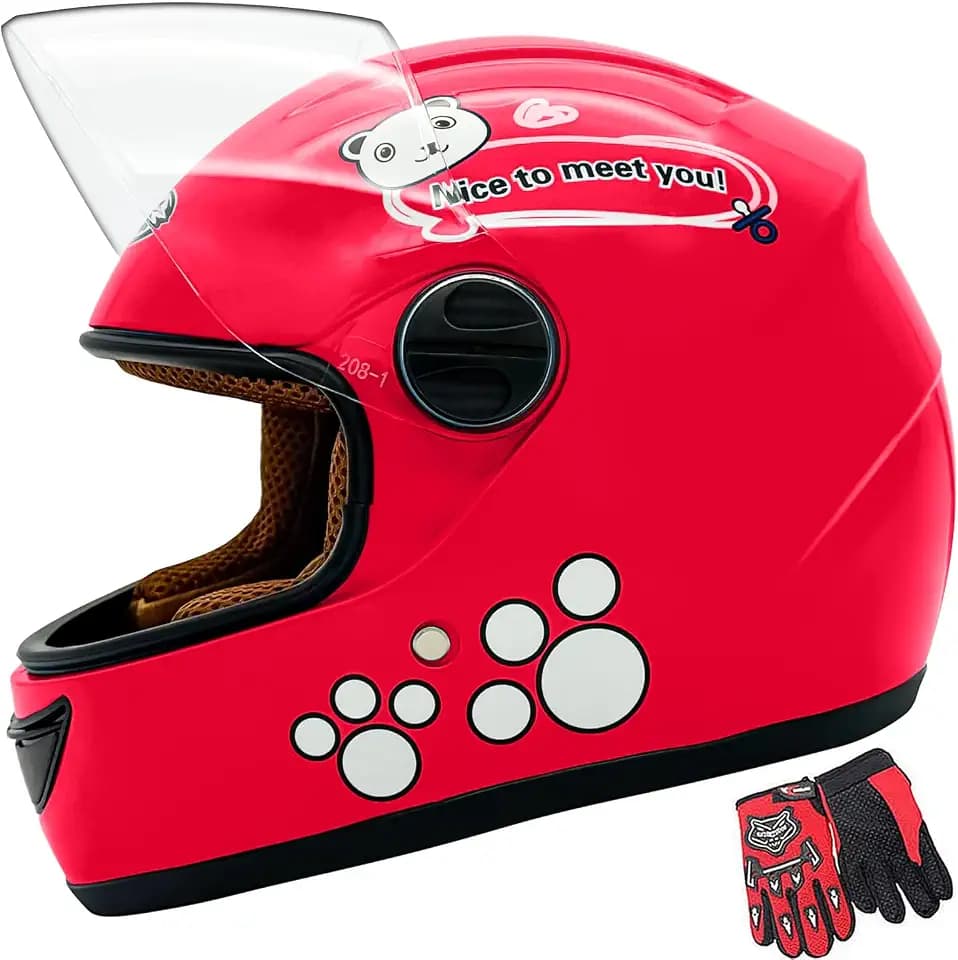 Kids Full Face Motorcycle Helmet, with Cute Panda Cartoon Design and Paw Print Graphics