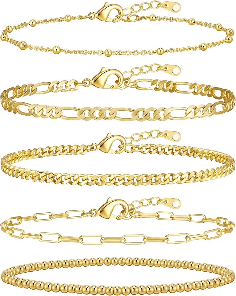 adoyi Gold Bracelets for Women, 14K Gold Plated Stackable Bracelet Stack Set Adjustable Charm Paperclip Chain Cuban Link Layered Waterproof Jewelry Sets Gifts for Womens 6.5 Inch