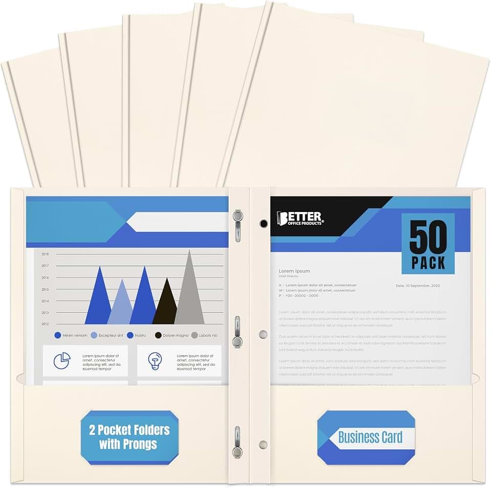 Better Office Products White Paper 2 Pocket Folders with Prongs, 50 Pack, Matte Texture, Letter Size Paper Folders, 50 Pack, with 3 Metal Prong Fastener Clips, White