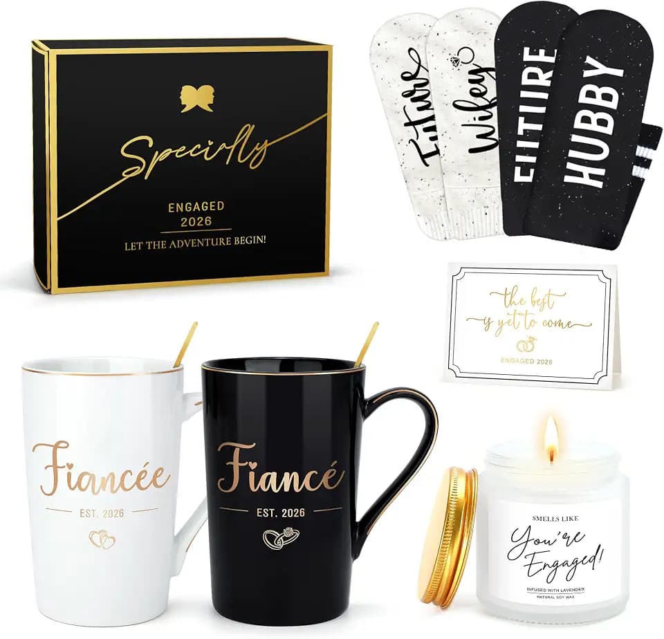 Engagement Gifts for Couples Newly Engaged Gifts for Couple Happy Engagement Gift for Women Fiance Gift for Women Just Engaged Decorations Ideas with Mugs Socks Candle Card for Her Him Men Best Friend