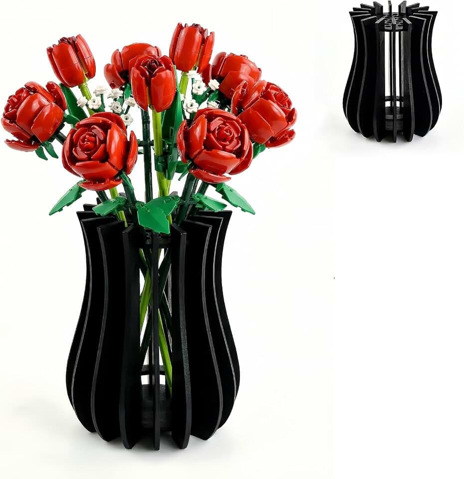 Wooden Vase for Lego Flowers, Puzzle Lego Vase for Rose Flower Bouquet Building Set, Black Display Stand for Lego Botanicals Flower Lovers, DIY Gift for Mom and Kids Friends