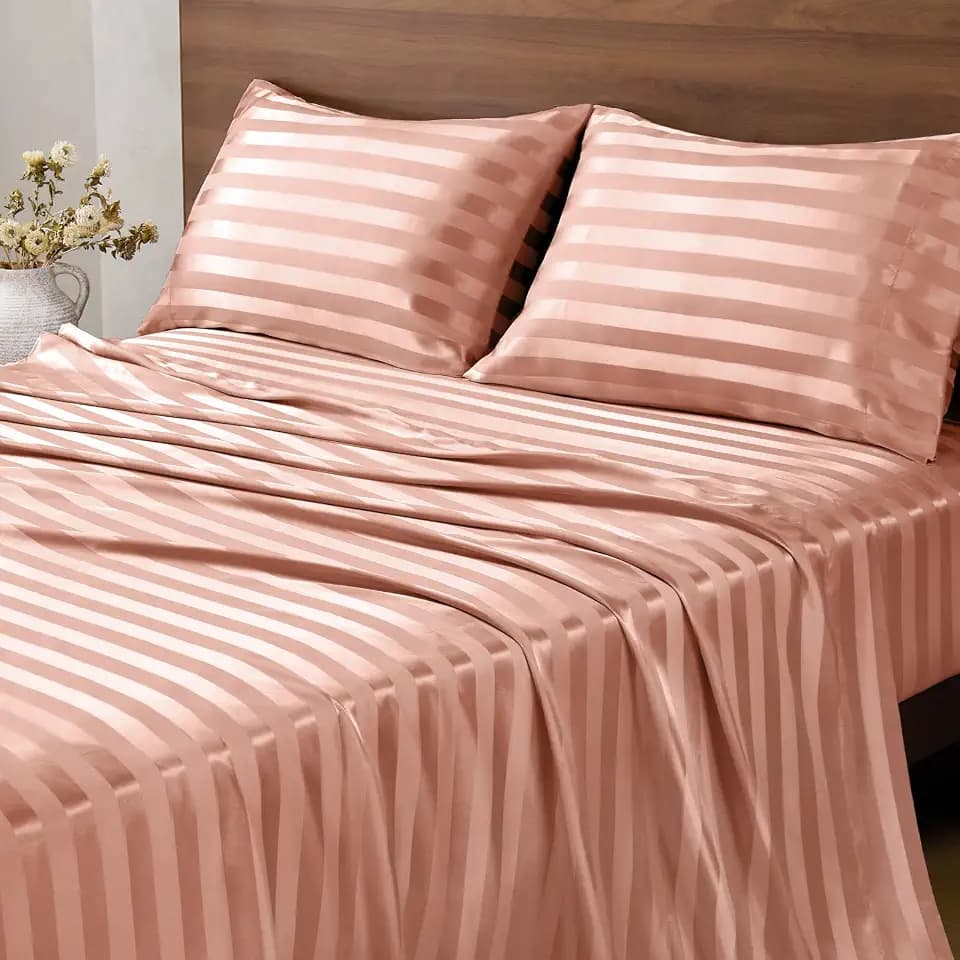 BEDELITE Jacquard Striped Satin Sheet King Size, Rose Pink, 4 Pieces