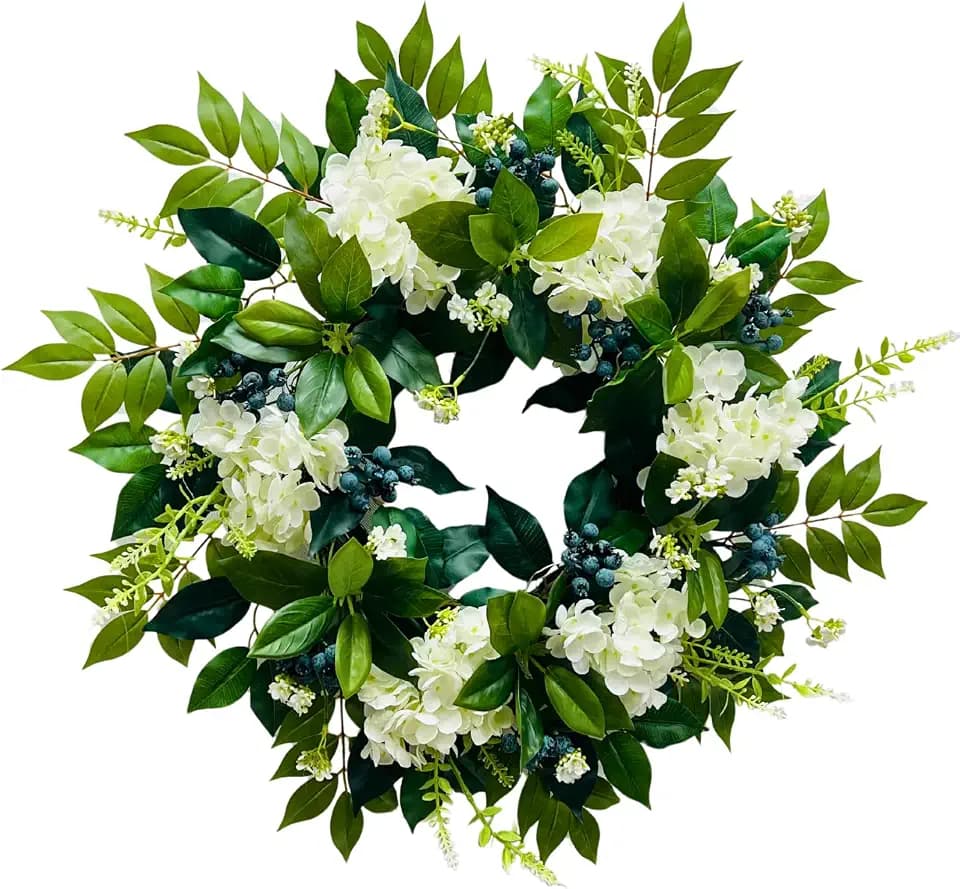 Svndlyn 22 Inch Lighted White Hydrangea Wreath with Timer, 2 Light Modes