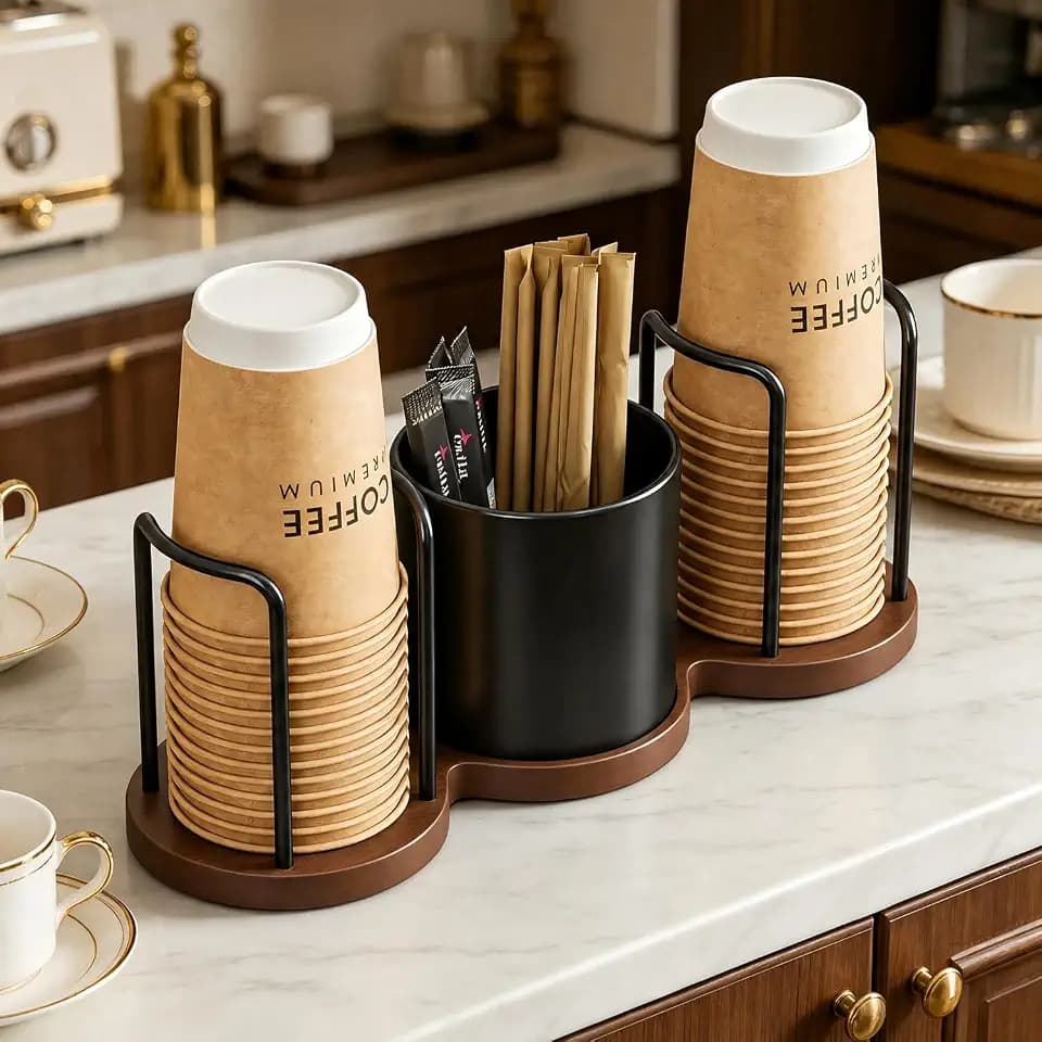 GOYLSER Coffee Bar Organizer with Straw & Stirrer Storage Caddy for Cups Lids, Coffee Organizer Station Home Kitchen Office Coffee Cup Holder for Countertop, Black