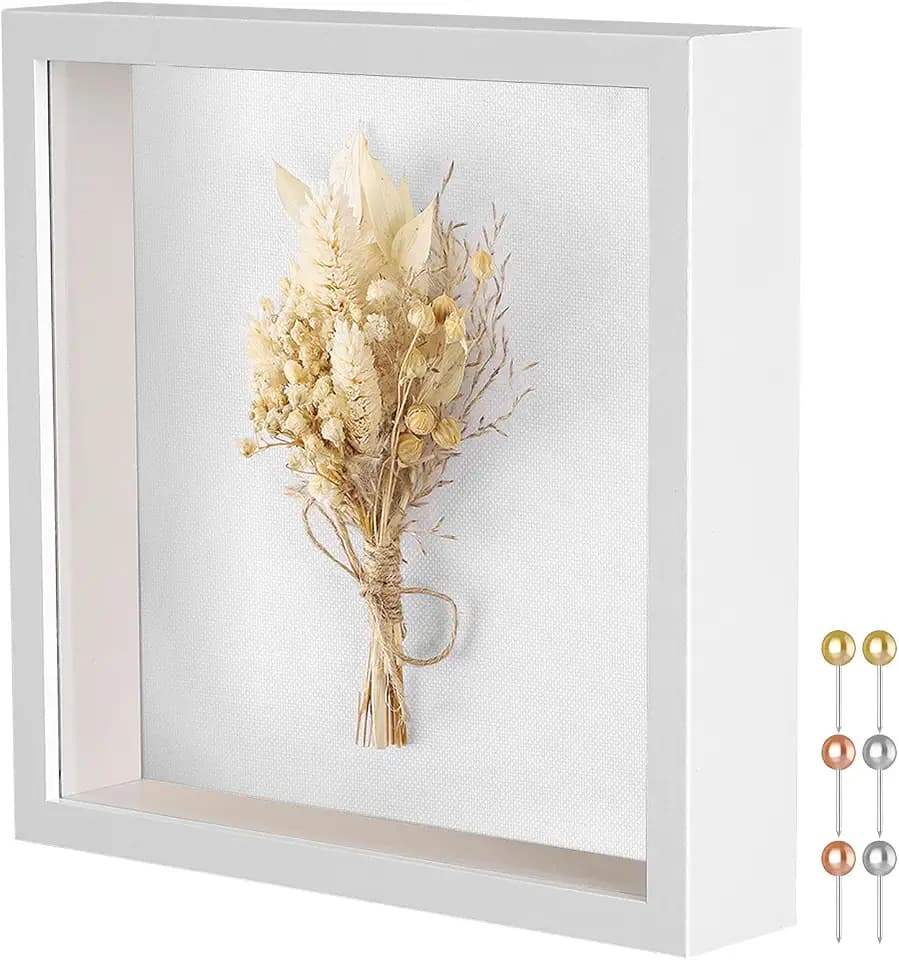 Califortree 8x8 Shadow Box Frame with Soft Linen Back - Metal Push Pins Included, Memory Box Display Case for Memorabilia Flower Awards Medals Wedding Photos, White