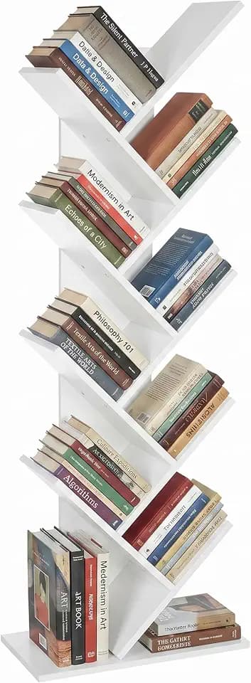 SONGMICS HOME 9 Tier Tree Bookshelf, Bookcase, Small Corner Shelf, Space Saving Book Tree for Home Office, Bedroom, Living Room, White