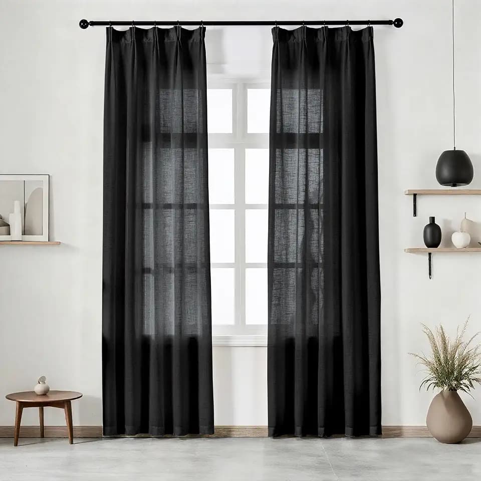 Black Linen Sheer Curtains & Drapes Living Room 96 Inches Long Pinch Pleat