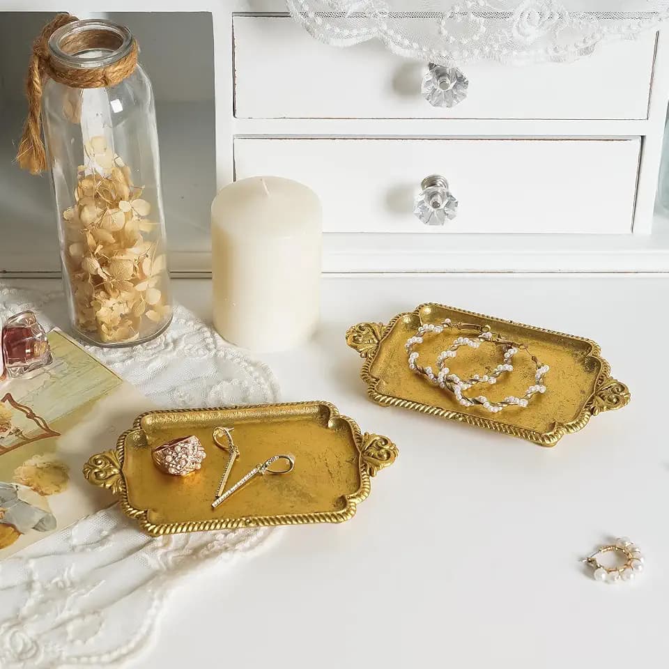 NIKKY HOME Small Jewelry Dish Ring Holder, Set of 2 Vintage Trinket Display Decorative Metal Tray Classy Birthday Gifts, Gold