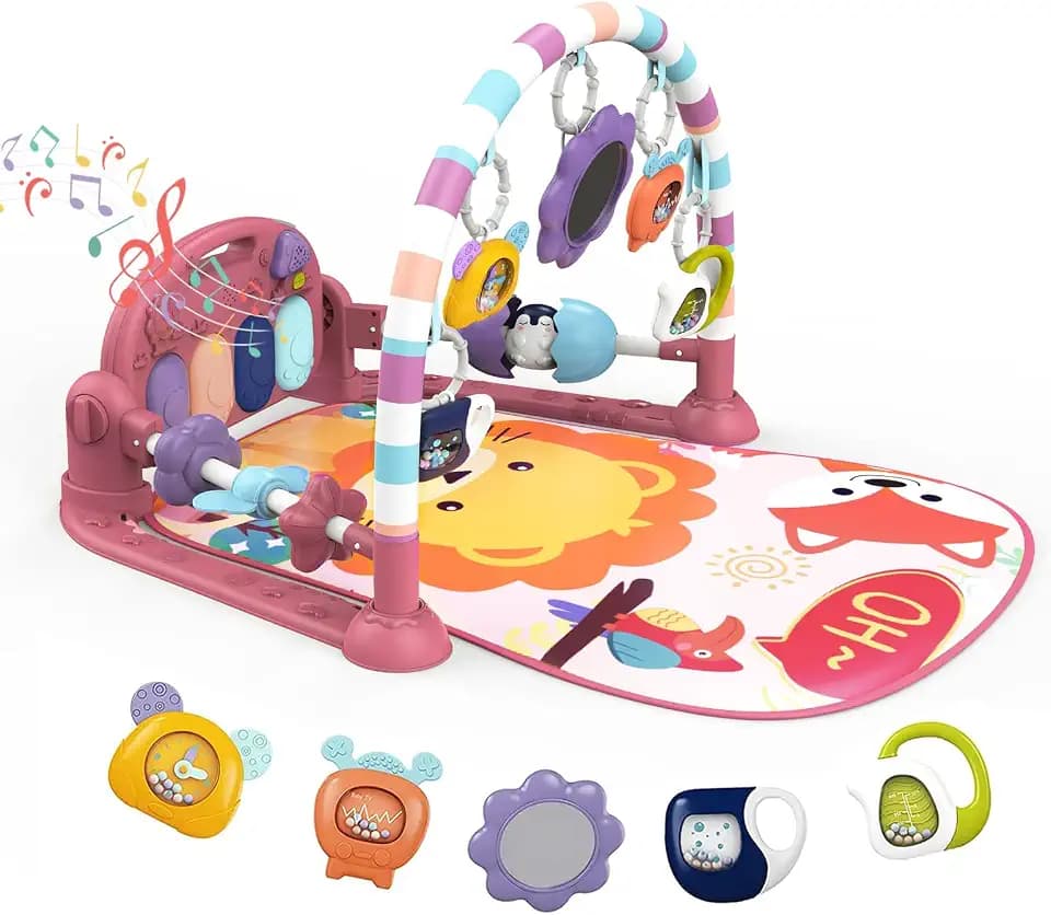 dearlomum Pink Lion Theme Baby Play Mat Gym with Kick & Play Piano
