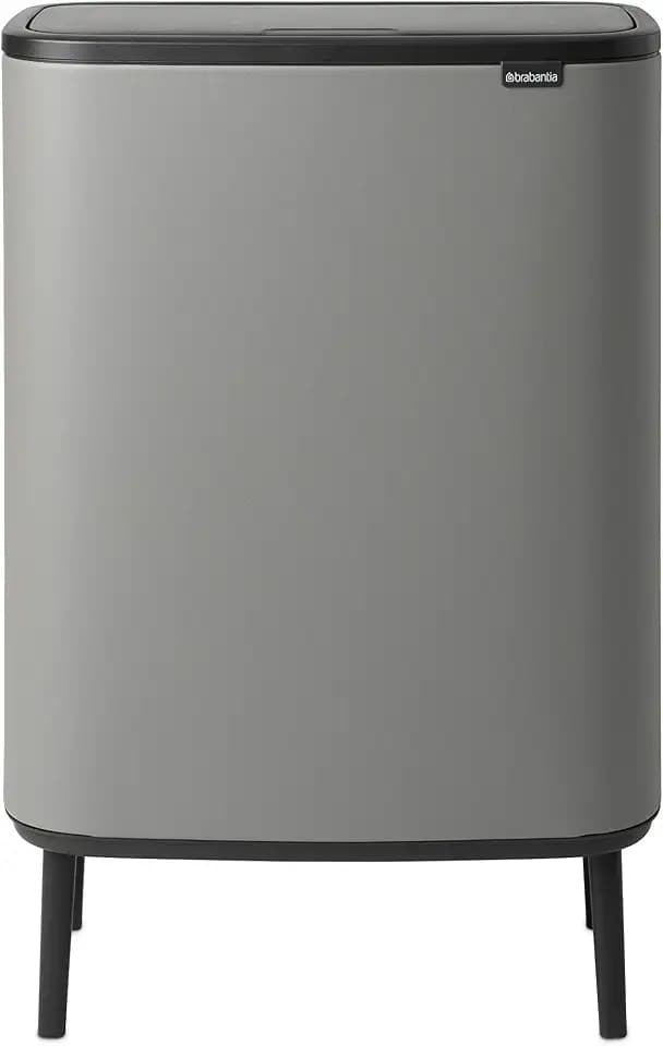 Brabantia Bo Hi Touch Top Kitchen Trash Can with Single Compartment & Raised Legs | Mineral Concrete Gray| 16 Gal Inner Bucket | Soft-Close, Light Touch Opening, Stay-Open Lid | + Trash Bags