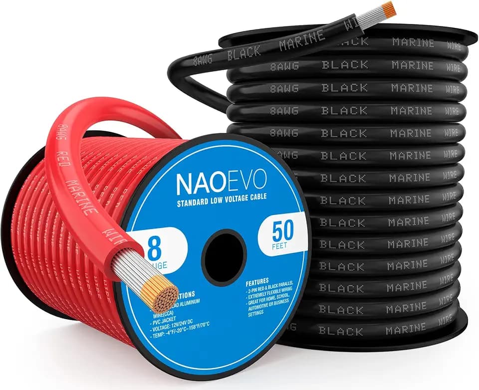 NAOEVO 8 Gauge Marine Wire, Tinned Copper Wire, 50 FT Black + 50 FT Red