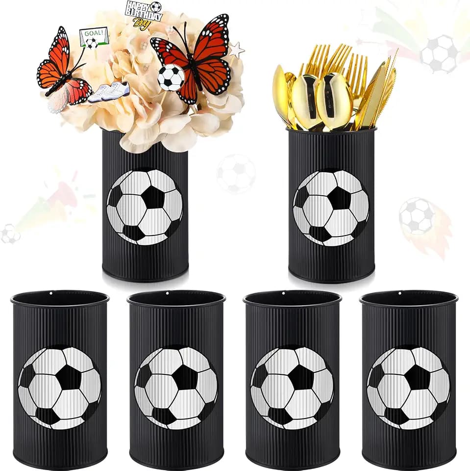 Domensi 6 Pcs Soccer Table Centerpiece Baseball Vase Decor Galvanized Metal Tin Vases for Artificial Flowers Soccer Utensil Holder for Kitchen Home Baseball Party Decorations Gifts