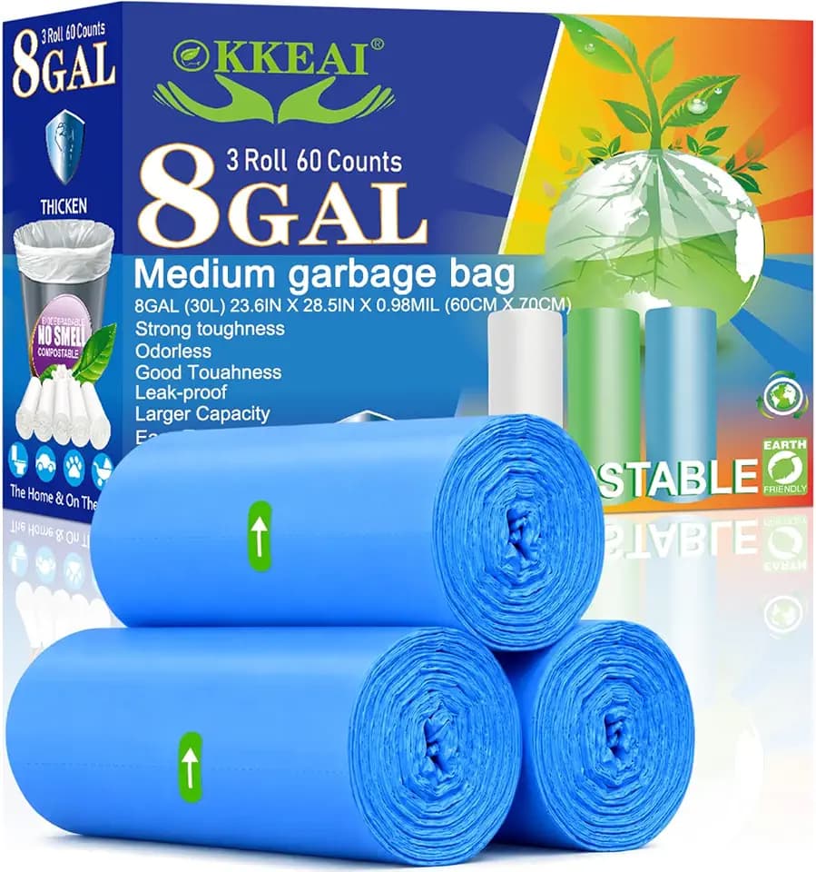 OKKEAI 8 Gallon Kitchen Trash Bags, 30L Blue Garbage Bags, 60 Count