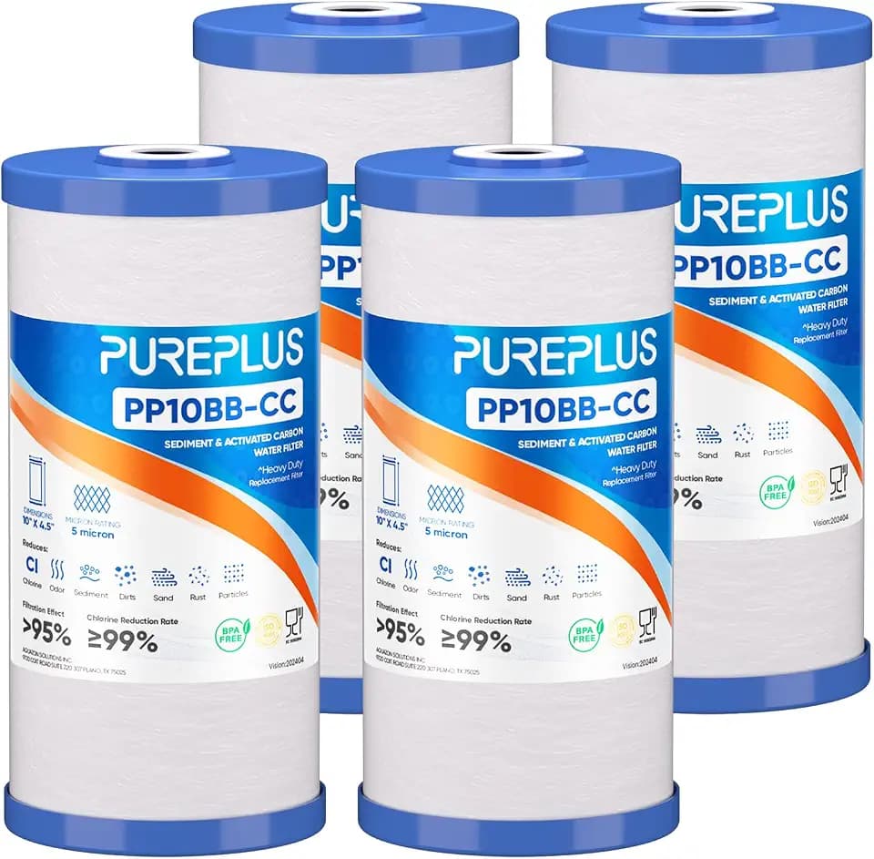 PUREPLUS 5 Micron 10"x4.5" Whole House Sediment & Carbon Water Filter,4PACK