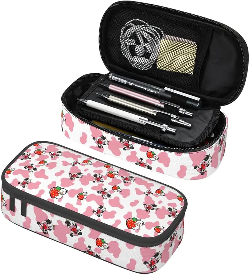 Pink Strawberry Cows Print Large Pencil Case, Pencil Pouch With Zipper Compartments Stationery Pencil Bag For Kids Teens Students School Supplies