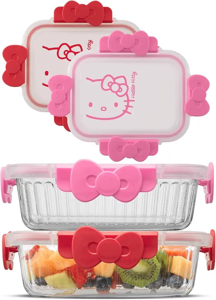 JoyJolt Sanrio Hello Kitty Fluted Glass Food Storage Containers with Lids, 2x Airtight Glass Storage Containers with Lids for Kitchen, Reusable Lunch Meal Prep Container, Cute Hello Kitty Gifts