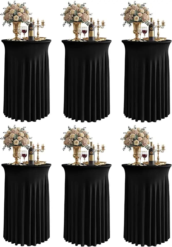 Round Spandex Cocktail Table Covers with Skirts, 24x43 Inch, Black, 6 Pack