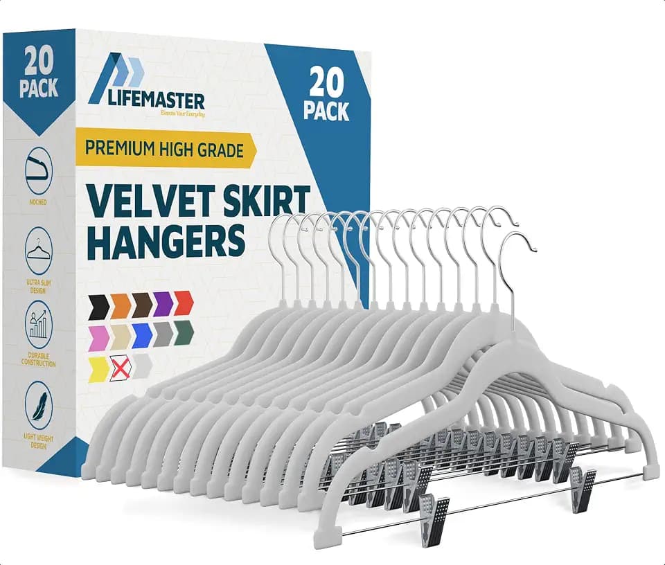 Lifemaster Velvet Skirt Hangers – with Adjustable Clips, 360 Degree Swivel Hook, and Non-Slip Shoulder Notch, Holds Up to 10 lbs, for Organizing Skirt, Pants, Dress, and Clothes, Pack of 20, White