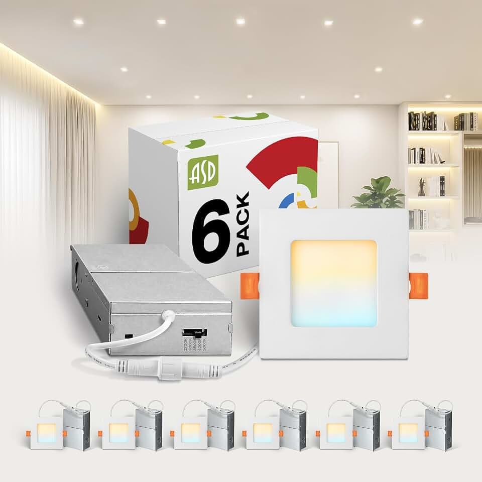 ASD 6 Pack LED Square Recessed Lighting 3 Inch, 5 CCT 2700K-5000K CRI90+, 6W 30W Eqv, Ultra Thin Dimmable Ceiling Lights with J Box, Canless Wafer Downlight, Slim Panel Light, UL Energy Star, White