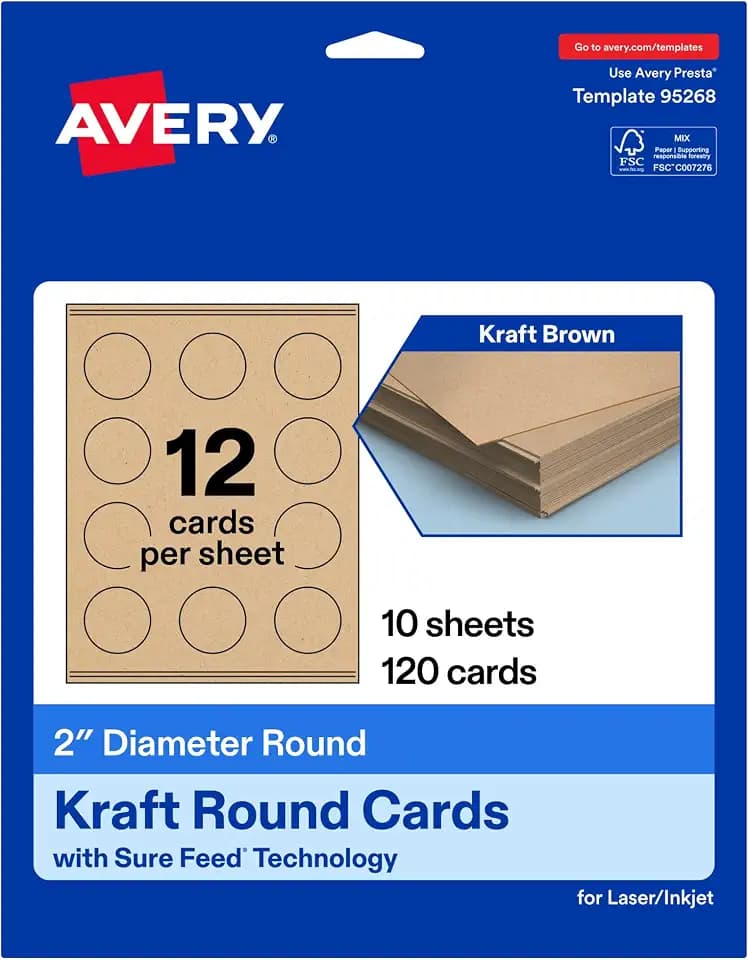 Avery® Printable Round Business Cards, Sure Feed® Technology, 2" Diameter, Kraft Brown Cardstock, Print-to-the-Edge, Laser/Inkjet Cards, 120 Total