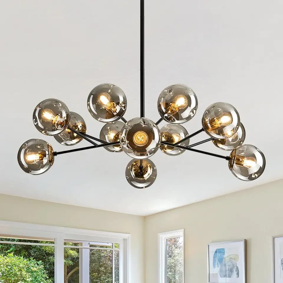 12-Light Glass Chandelier,Large Sputnik Chandeliers for High Ceilings, Rustic Ceiling Lighting Fixture Pendent Light for Kitchen Dining Room Living Room Bedroom Office (Black).