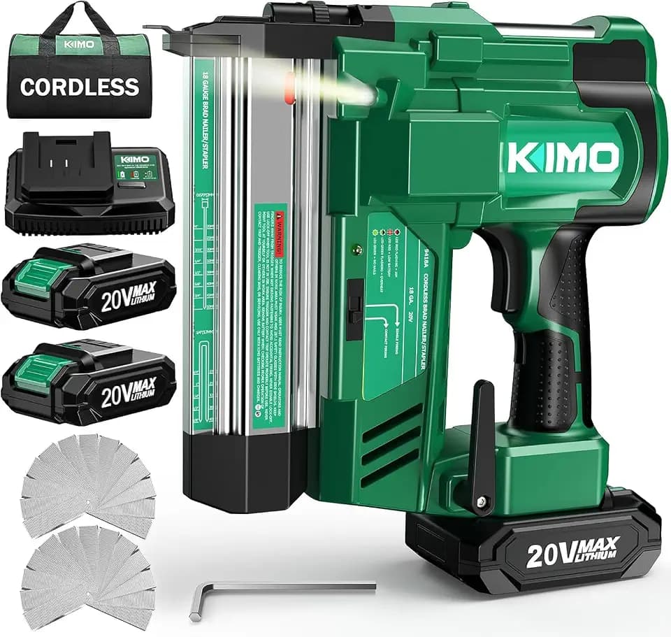 KIMO 18 Gauge Nail Gun Cordless with Battery 2.0Ah X 2, 1000pcs Nails and Staples, 2 Firing Modes, 180 Nails/min, Adjustable Nailing Depth, 2 IN 1 Cordless Brad Nailer and Stapler for DIY Project