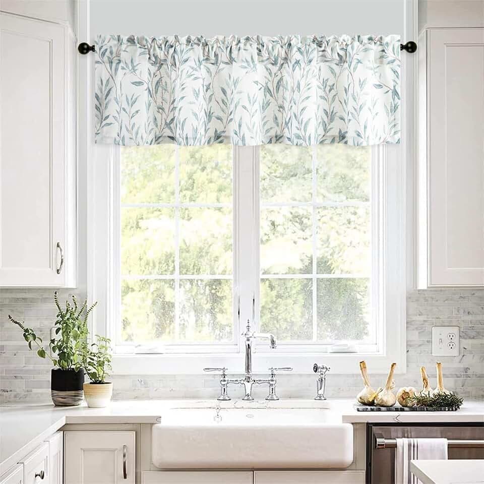 VOGOL Leaf Pattern Valance, Faux Linen Window Topper, 60x14, Blue