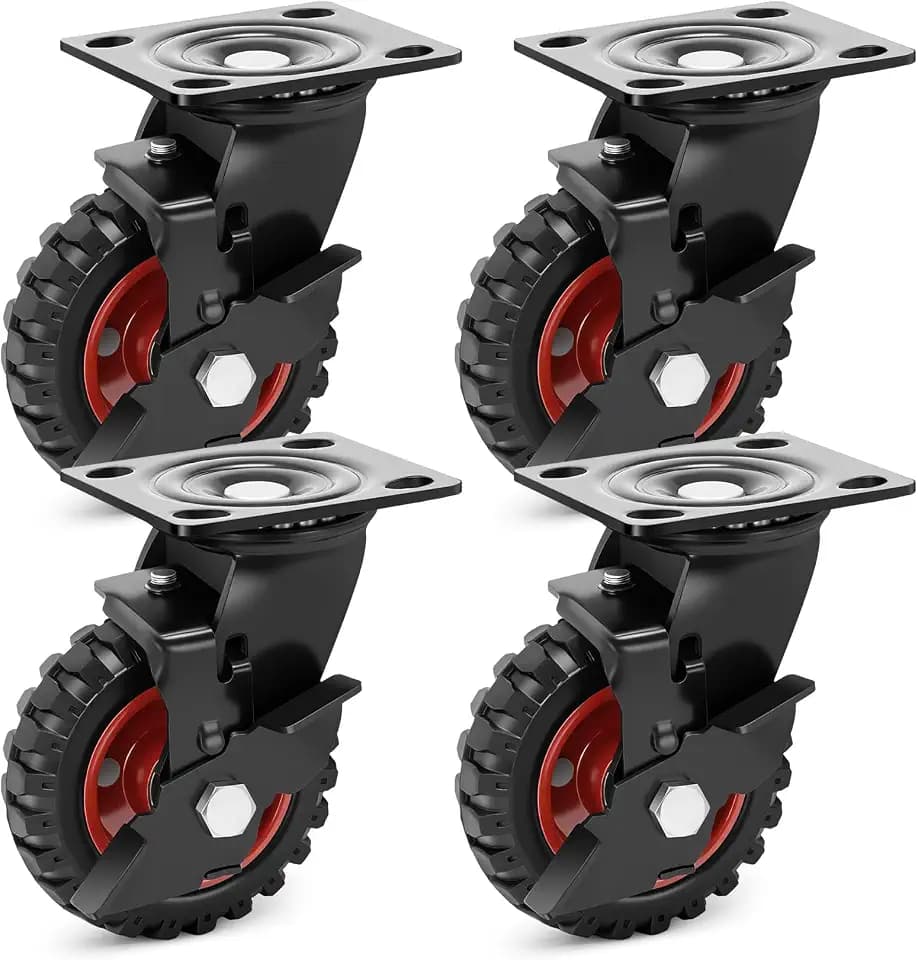 5 Inch Outdoor Heavy Duty Casters Wheels Set of 4, Sturdy Large Rubber Casters with Brake, Industrial Grade Plate Swivel Castors 1080 LBS with Knobby Tread for Workbench, Cart, Chicken Coop