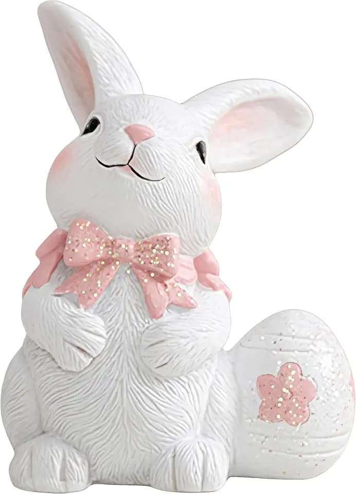 YANGMEI Easter Bunny Resin Figurine - White Rabbit with Bow & Glitter Egg, Cute Spring & Easter Home Decor, Tabletop Shelf Centerpiece Display, Animal Sculpture Gift for Friends & Family