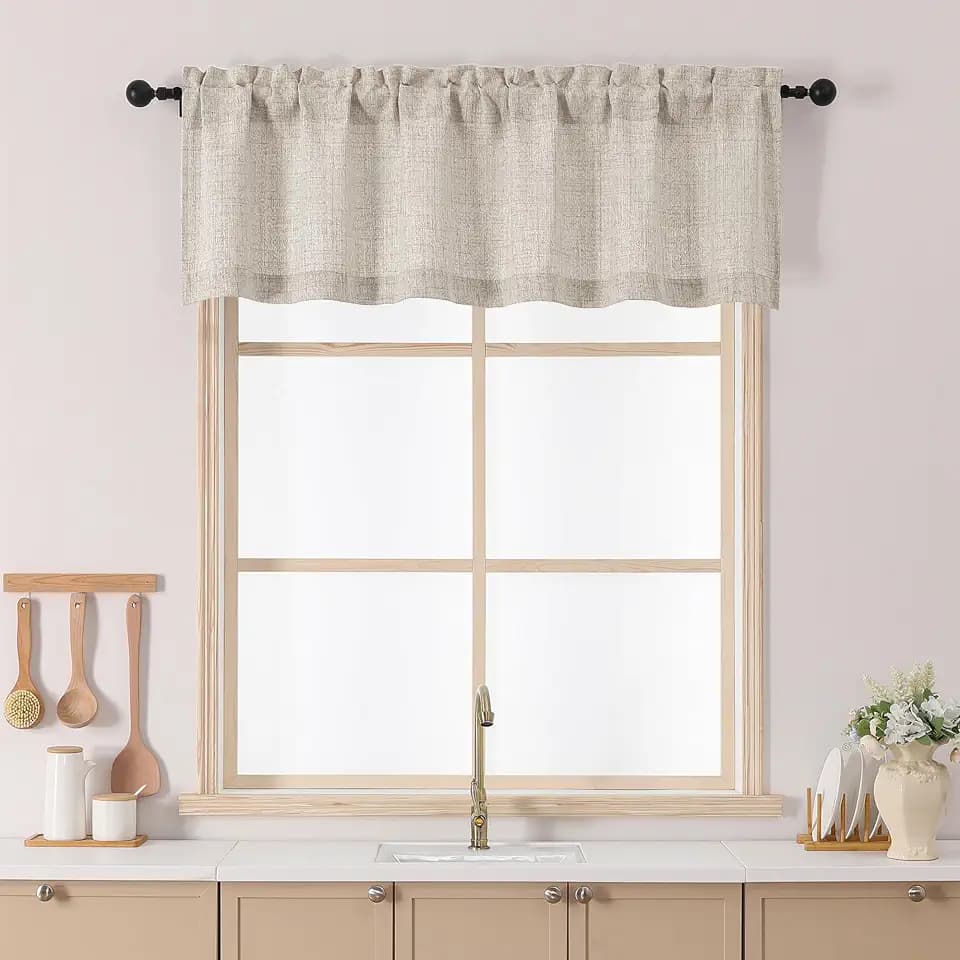 Chyhomenyc Valance for Windows, Light Filtering Faux Linen Slub Textured Small Kitchen Valance, Rod Pocket Top Window Short Curtain for Bathroom Basement Farmhouse, 60Wx16L Inch, 1 Panel, Linen Color