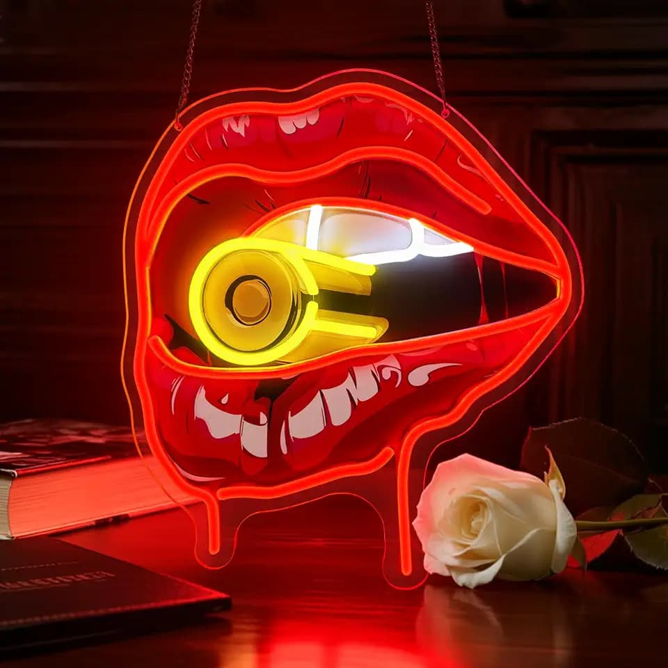 Bullet Red Lips Neon Sign, Flaming Red Lips Neon Signs for Wall Decor, Dimmable Acrylic Neon Lights for Room Bedroom Hotel Club Bar Party Decorations, Perfect Gifts