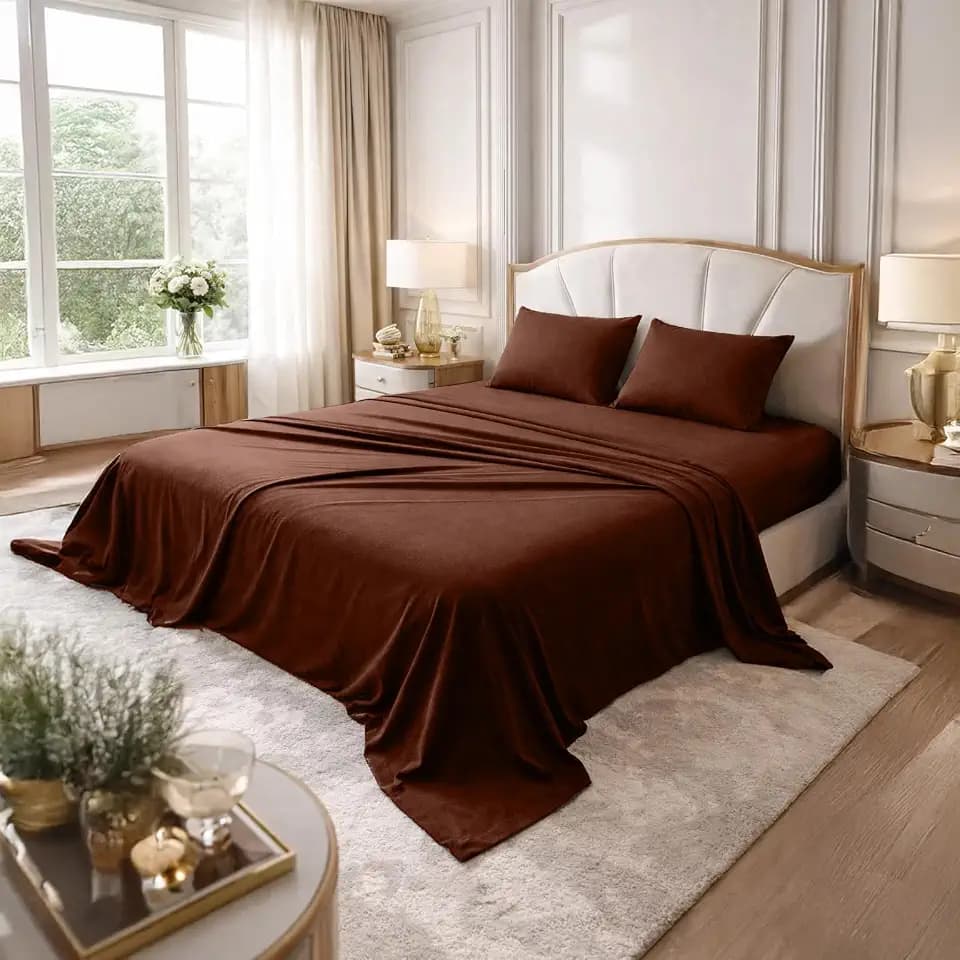 DAN RIVER Full Jersey Sheet Set 100% Cotton T-Shirt Soft Bed Sheets Deep Pocket, Breathable, All-Season Bedding 4-Piece Set Brown