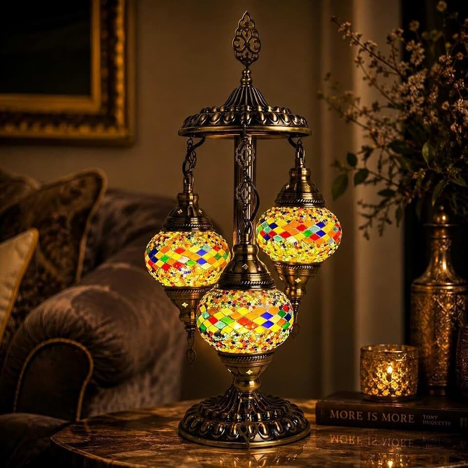 Kalamera Turkish Mosaic Table Lamp with 3 Glass Globes