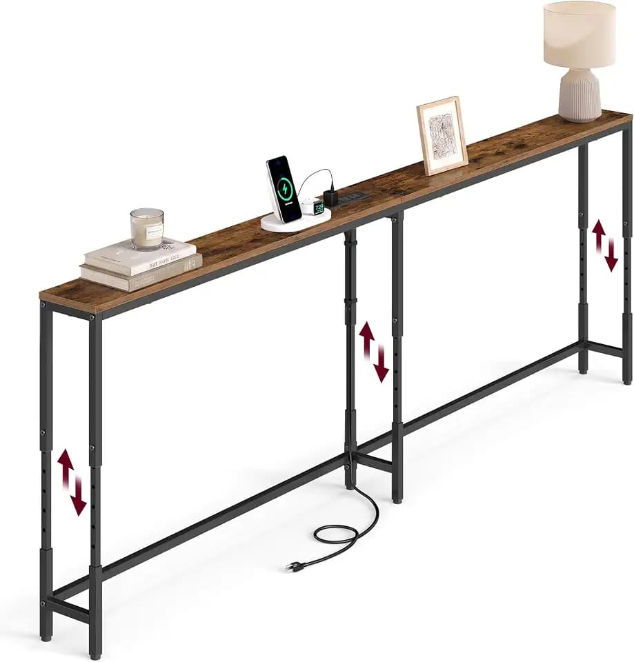 VASAGLE 78.7"Console Table, 25.2-35.2"Height Adjustable, with Power Outlet