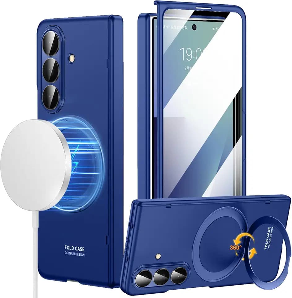 for Samsung Galaxy Z Fold 7 Case with MagSafe, Built-in 360° Magnetic Rotatable Ring Stand, Screen Protector & Hinge Protection, Full Body Slim & Light Magnetic Stand Phone Case 5G, Blue