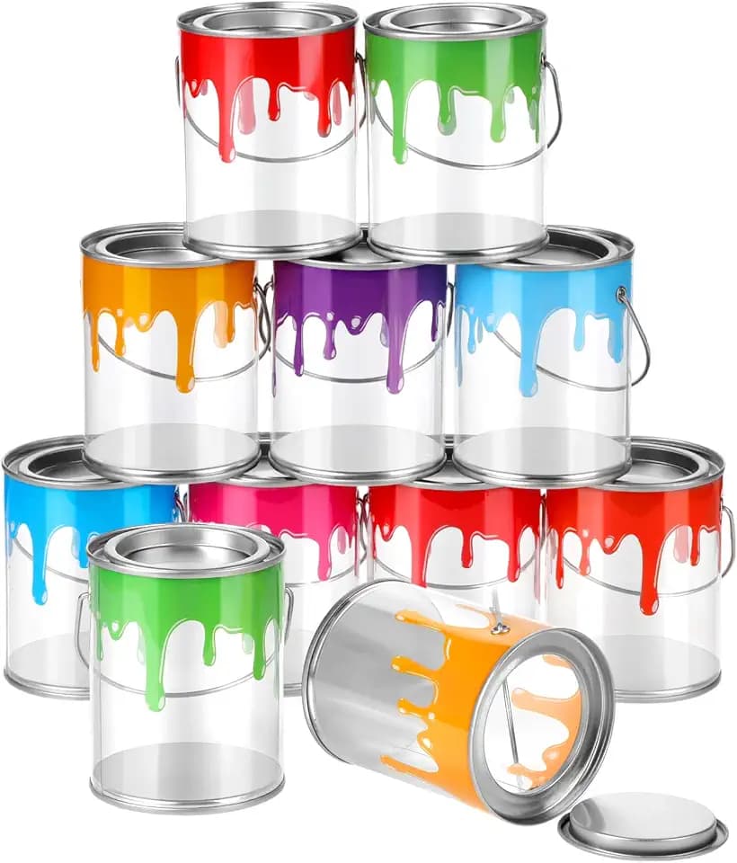 Reallnaive 12 Pcs Paint Cans Art Party Favors Clear Empty Paint Cans with Lids Mini Transparent Plastic Buckets Treats Candy Containers for Crafts DIY Decorparty Supplies, 3.35 x 4.92 Inch