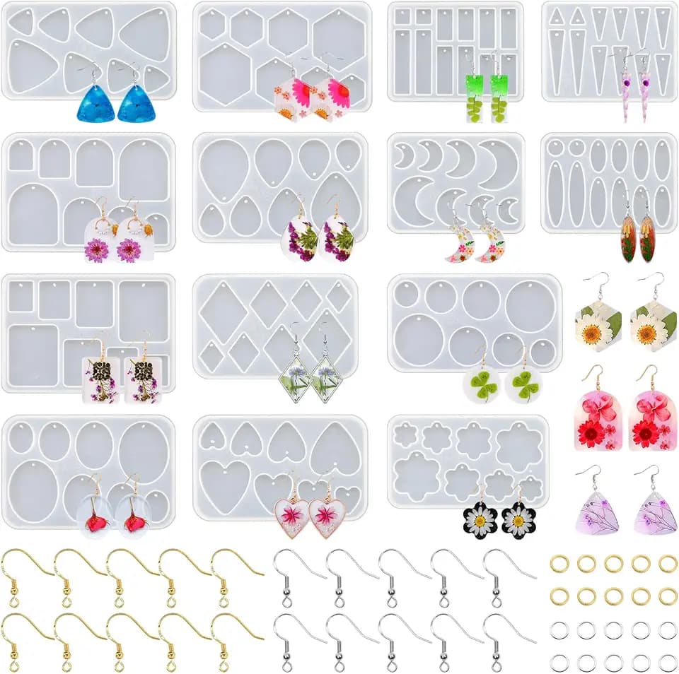 54 Pcs Epoxy Resin Jewelry Molds for Beginners, Moldes De Silicona para Resina for Earrings Pendants Necklaces Keychains Making, Variety Silicone Casting Mould with Hole for Boho Art Crafts