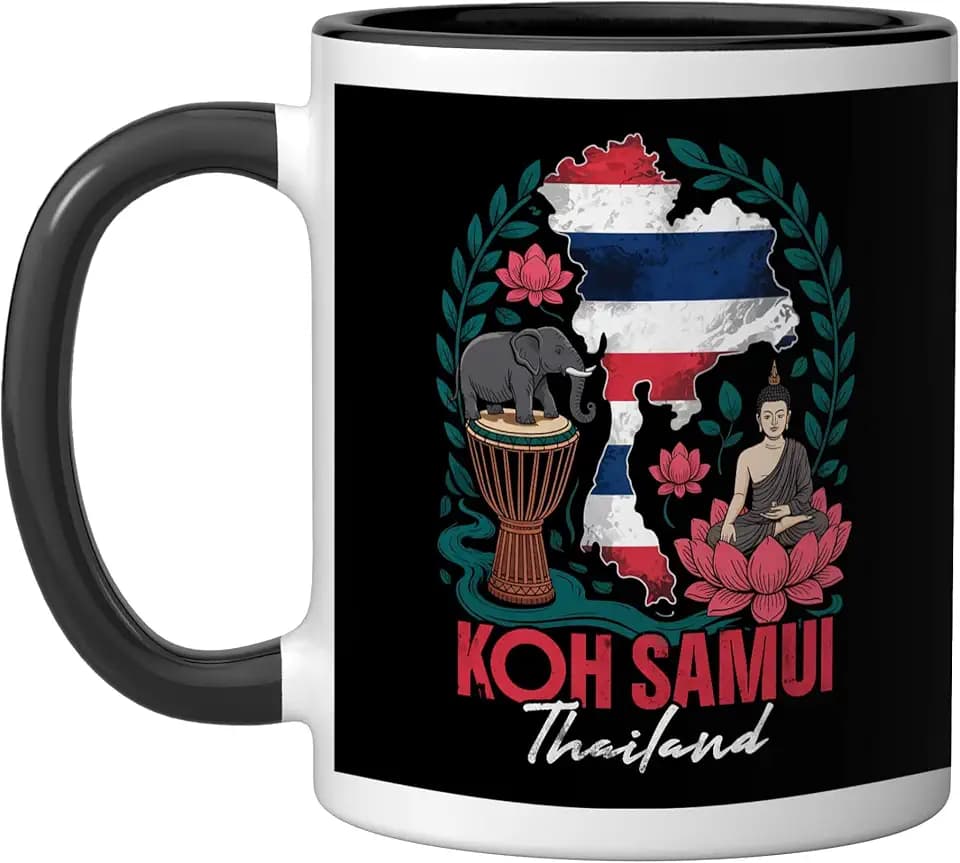 Koh Samui Souvenir Thailand Travel Thai Flag Map Ceramic Mug, Black/White, 11oz