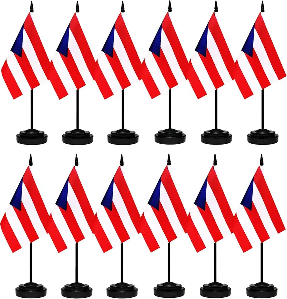 12 Pack Puerto Rico Desk Flags Set, Puerto Rican Small Mini Table Office Flags with 12" Solid Black Pole, 8.2 x 5.5 Inches, Home and Office Decoration, Festival Celebrations