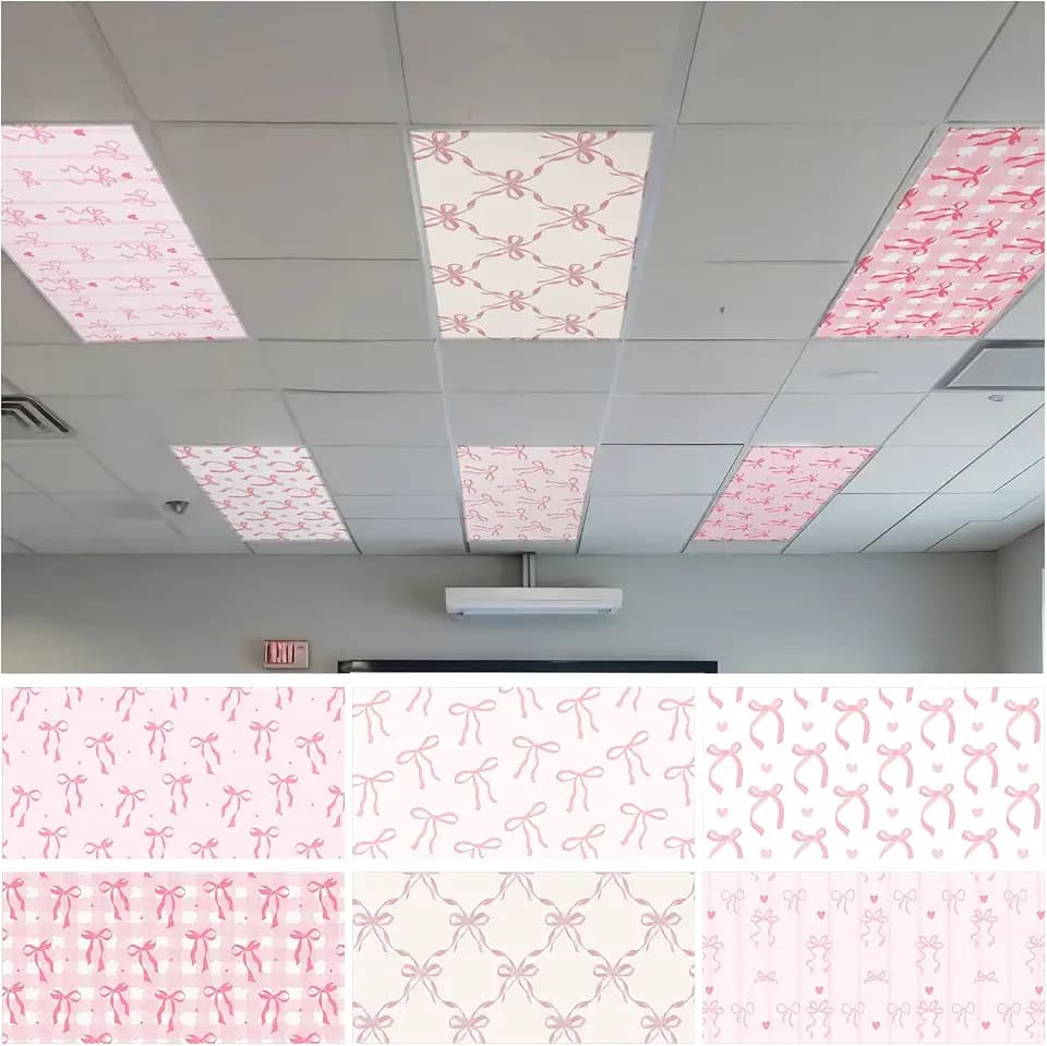 6 Pcs Pink Bow Fluorescent Light Covers for Classroom Ceiling Light with 60 Magnets 4x2 ft Coquette Magnetic Lights Cover Ceiling Lights Filters for Office Classroom Hospitals & Home