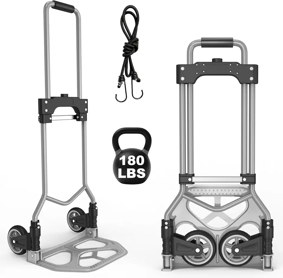 Folding Hand Truck Dolly Cart, 180LBS Portable Aluminum Hand Truck Foldable with Telescoping Handle and Elastic Cord for Luggage, Boxes, Functionality Foldable Dolly for Home, Moving, Black Gray