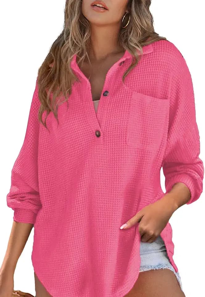 Astylish Women Waffle Knit Tops Henley Shirts