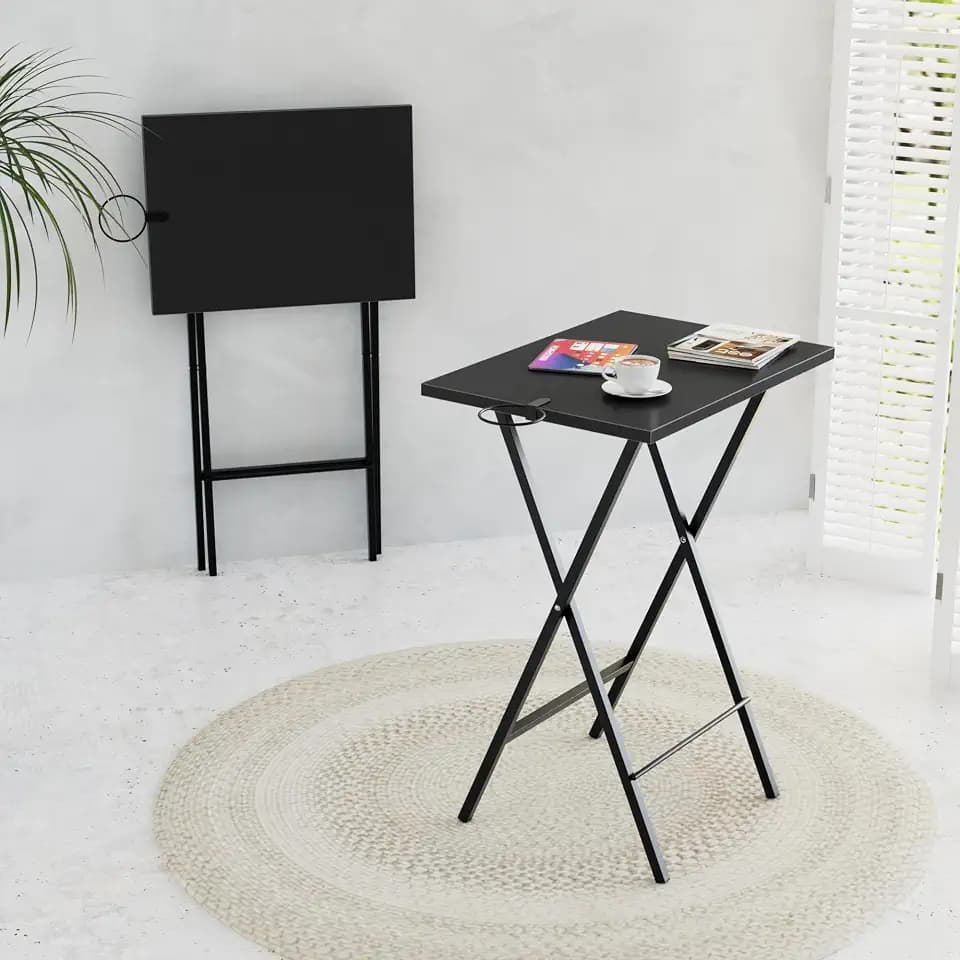 VECELO Folding TV Tray for Eating Set of 2, Portable Dinner/Snack Table with Cup Holder for Couch, Living Room and Small Space, Matte & Black