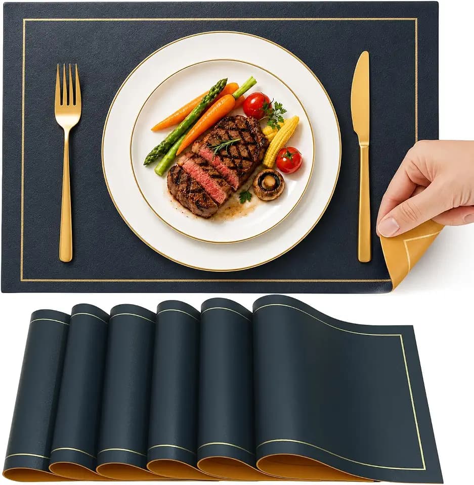 Reversible Dual-Color Faux Leather Placemats Set of 6 Dark Blue & Yellow